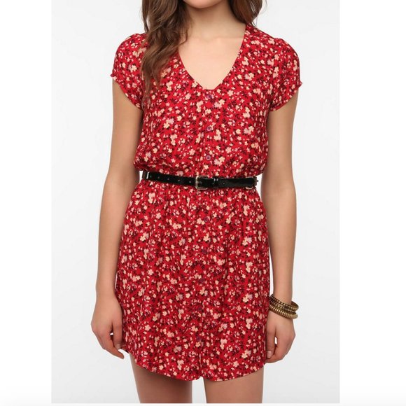 Kimchi Blue Silky Sabrina Red Floral Shirtdress